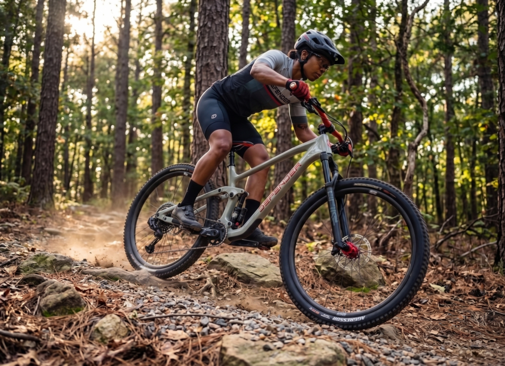 An action-shot of a cyclist riding a light gray Defender full-suspension mountain bike down a rocky, dirt trail in a dense forest. The rider, wearing a helmet, cycling jersey, and black shorts, is leaning forward with determination, kicking up a small cloud of dust behind the rear wheel. Sunlight filters through the tall pine trees, illuminating the rugged path ahead.
