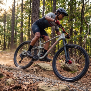 An action-shot of a cyclist riding a light gray Defender full-suspension mountain bike down a rocky, dirt trail in a dense forest. The rider, wearing a helmet, cycling jersey, and black shorts, is leaning forward with determination, kicking up a small cloud of dust behind the rear wheel. Sunlight filters through the tall pine trees, illuminating the rugged path ahead.